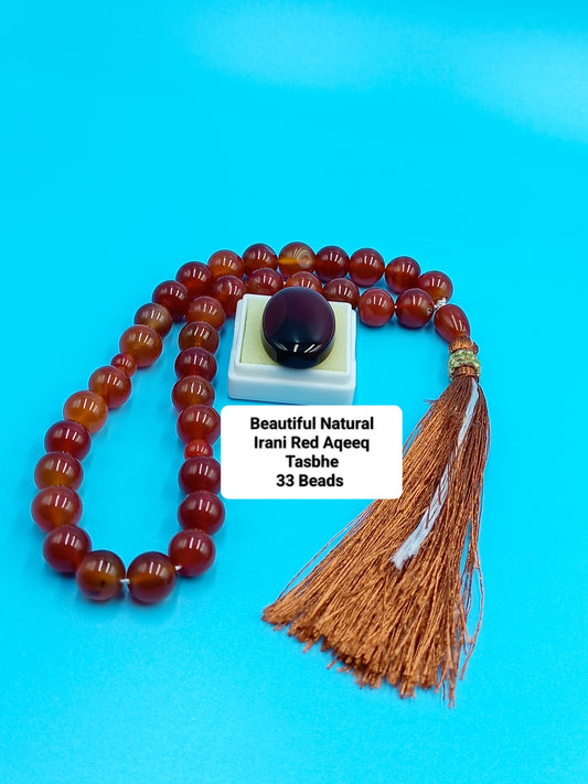 Beautiful Natural Irani Red Aqeeq Tasbih 33 Beads 10mm with Irani Aqeeq Stone