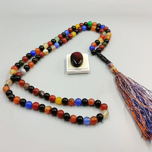 Beautiful Multicolour Original Aqeeq stone Tasbih 100 Beads 8mm with Irani Aqeeq stone Ummul Baneen Tasbih