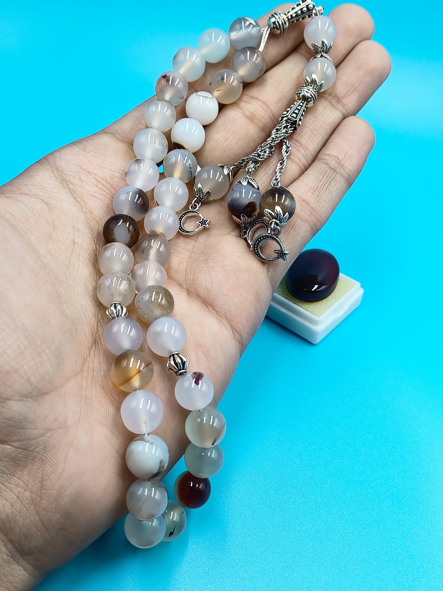 Beautiful Original White Aqeeq Stone Tasbih 33 Beads 10mm with Aqeeq stone