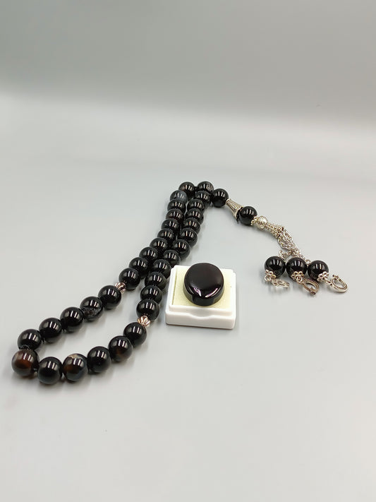 Beautiful Original Black Aqeeq Tasbih 33 Beads 10mm with Black Irani Aqeeq stone