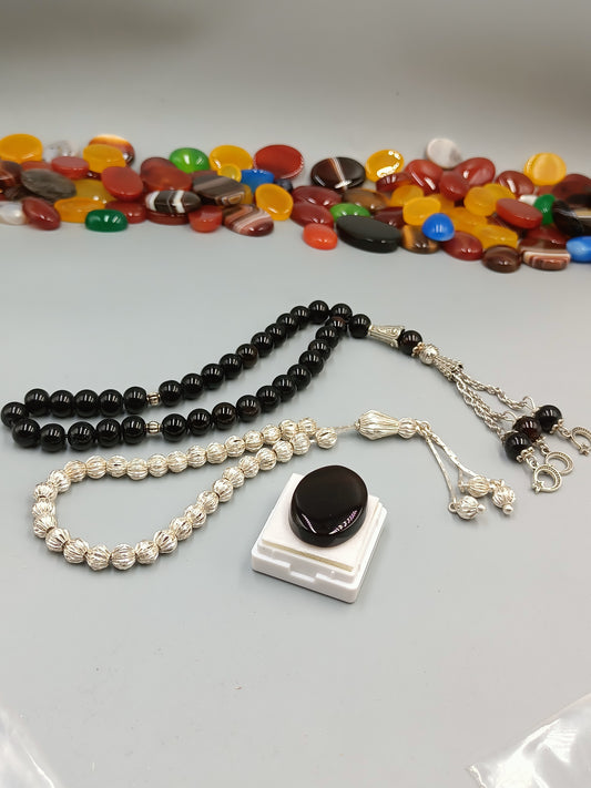 Beautiful Original Silver (Chandi) Tasbih 33 Beads 6mm size with free Black Aqeeq Tasbih and Aqeeq Stone