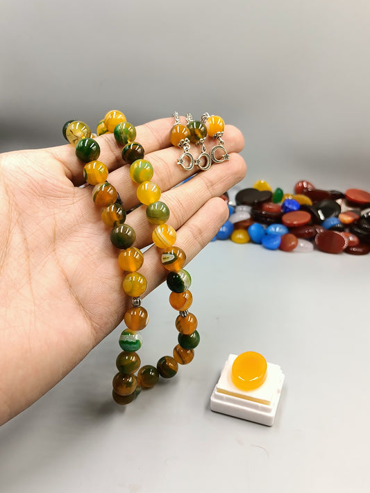 Beautiful Original Yellow Shajri Aqeeq Stone Tasbih 33 Beads 10mm size with Irani Zard Aqeeq Stone