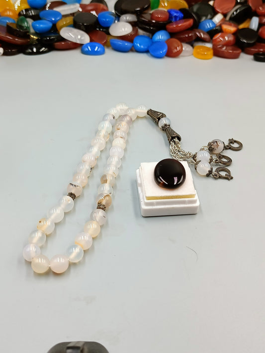 Beautiful Original White Aqeeq Stone Tasbih 33 Beads 8mm with Irani Aqeeq