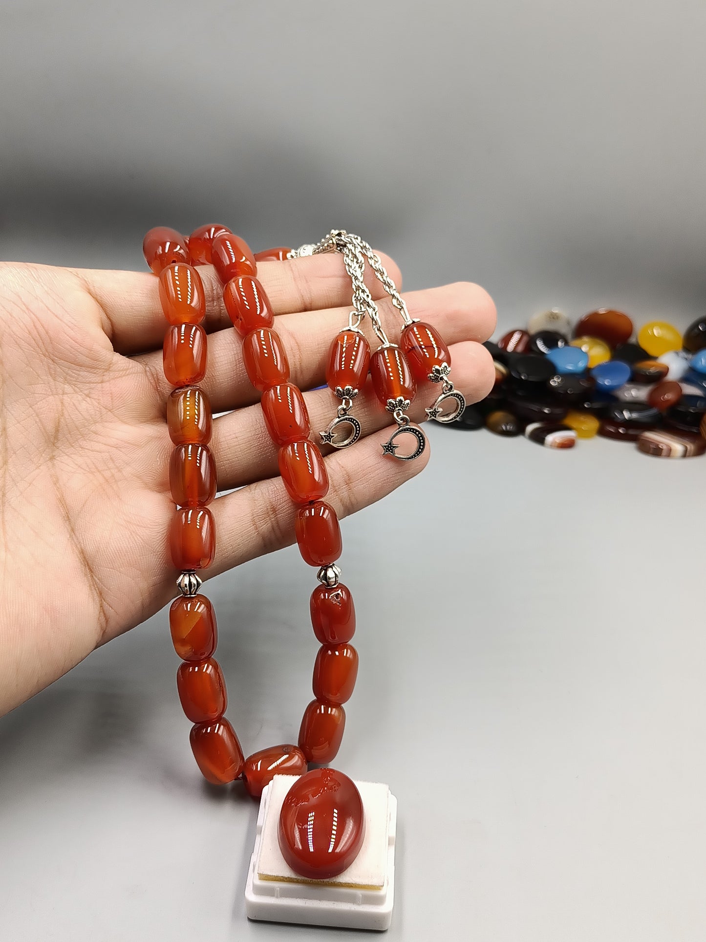 Beautiful Original Red Aqeeq Stone Tasbih 21 Beads 10×14 mm with Red Irani Aqeeq