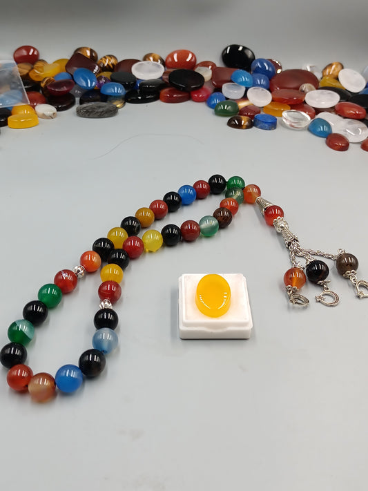 Beautiful Original Ummul Banin Multicolor Aqeeq Tasbih 33 Beads 10mm size with Irani Yellow (Zard) Aqeeq Stone