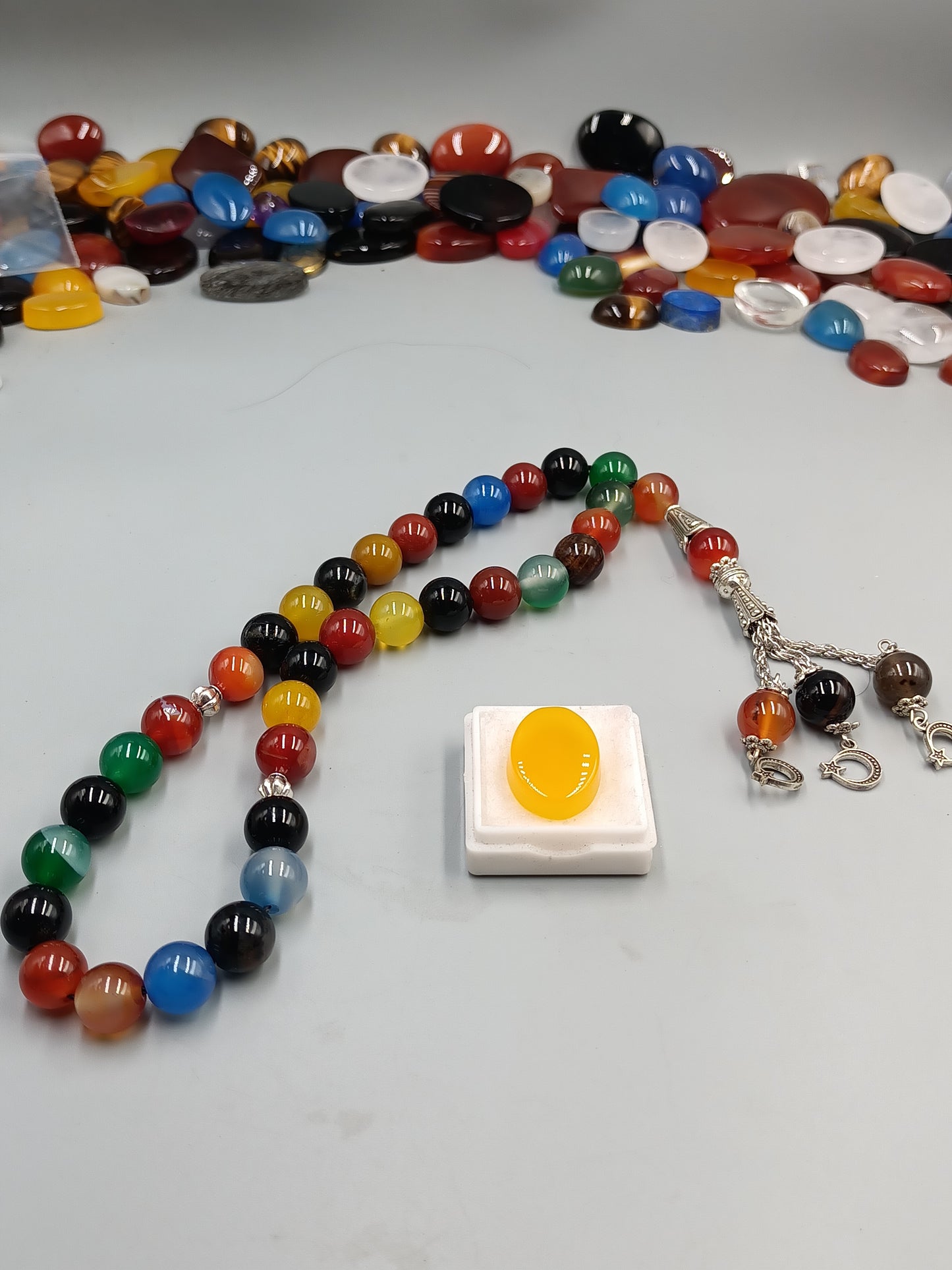 Beautiful Original Ummul Banin Multicolor Aqeeq Tasbih 33 Beads 10mm size with Irani Yellow (Zard) Aqeeq Stone