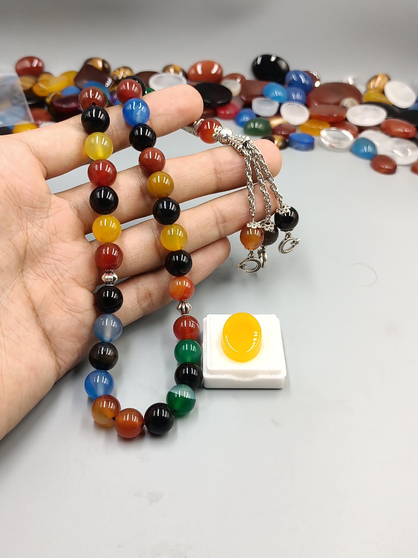 Beautiful Original Ummul Banin Multicolor Aqeeq Tasbih 33 Beads 10mm size with Irani Yellow (Zard) Aqeeq Stone