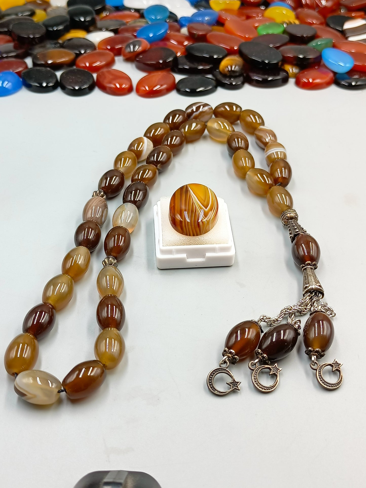 Beautiful Natural Irani Sulemani Aqeeq Stone Tasbih 33 Beads 10×14mm size with irani Aqeeq stone