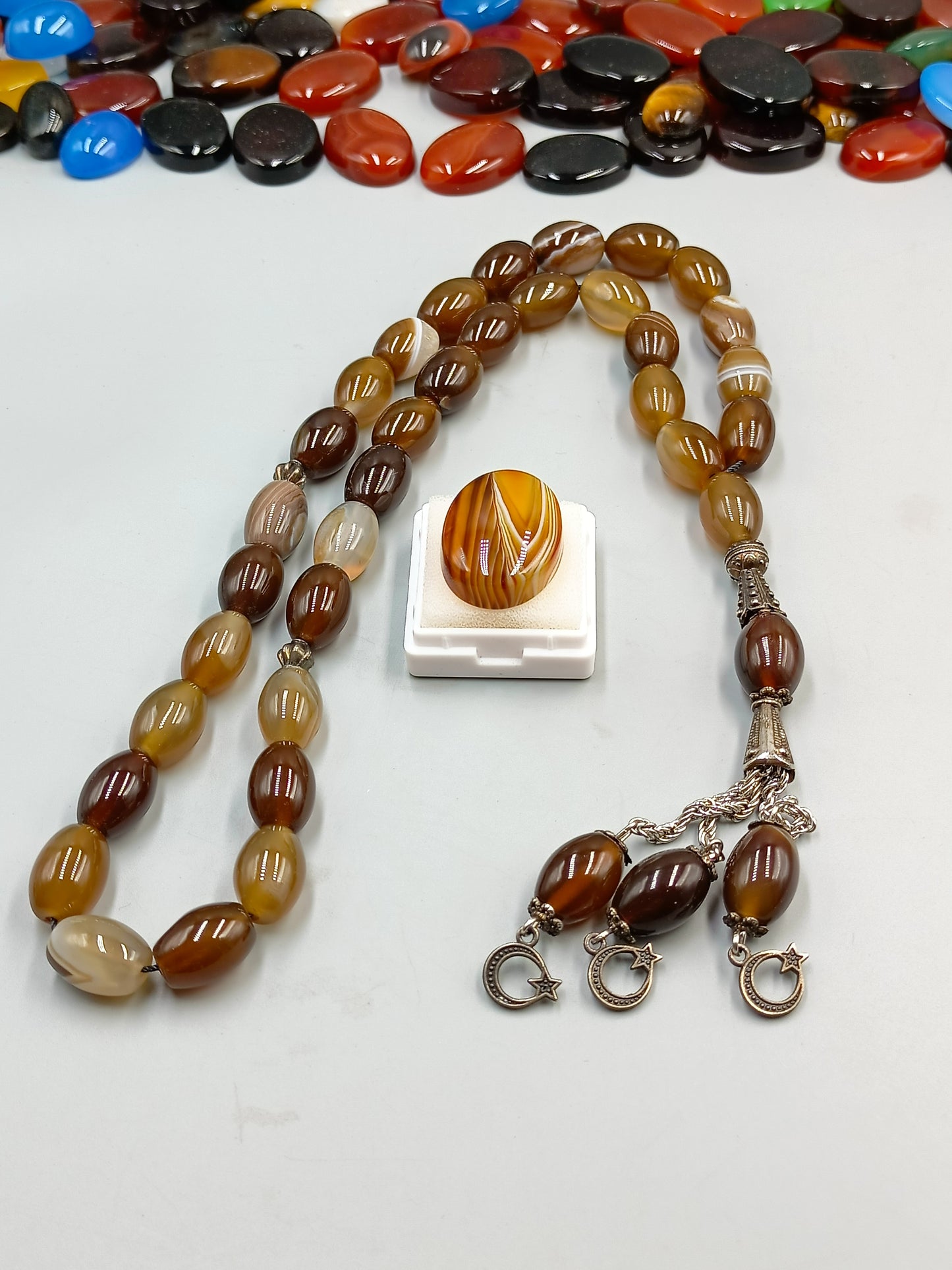 Beautiful Natural Irani Sulemani Aqeeq Stone Tasbih 33 Beads 10×14mm size with irani Aqeeq stone