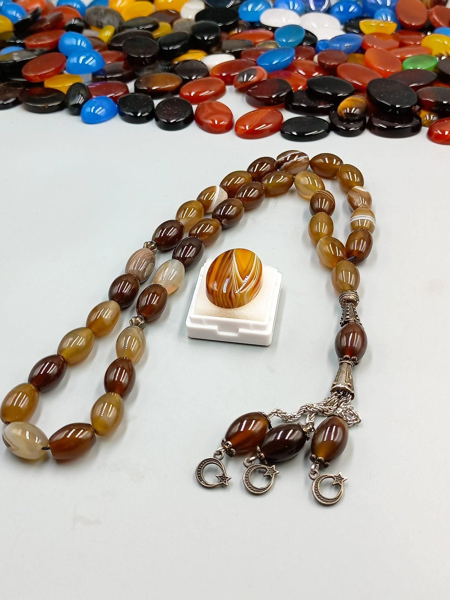 Beautiful Natural Irani Sulemani Aqeeq Stone Tasbih 33 Beads 10×14mm size with irani Aqeeq stone