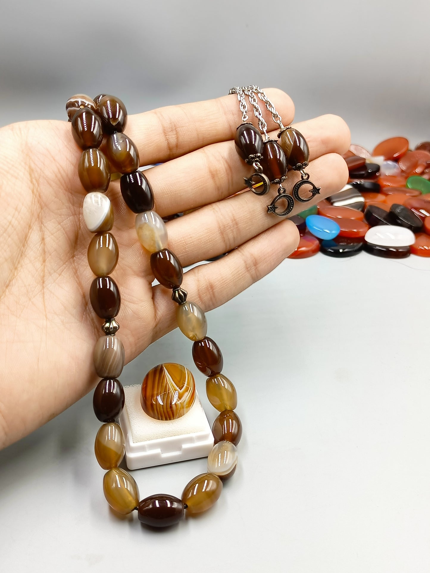 Beautiful Natural Irani Sulemani Aqeeq Stone Tasbih 33 Beads 10×14mm size with irani Aqeeq stone