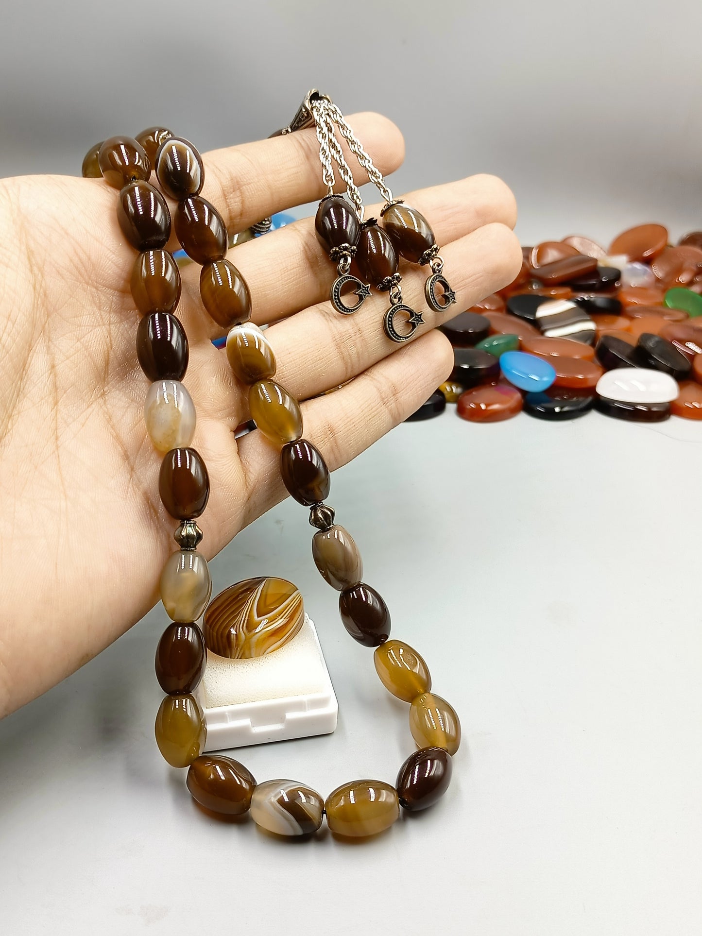 Beautiful Natural Irani Sulemani Aqeeq Stone Tasbih 33 Beads 10×14mm size with irani Aqeeq stone