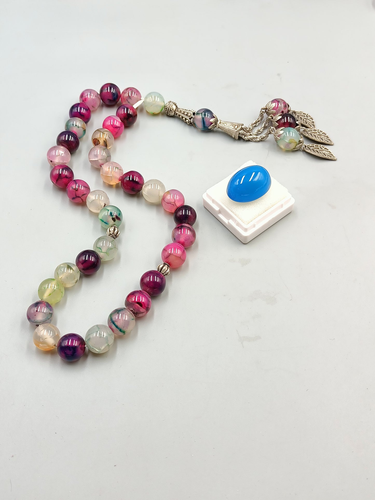 Beautiful Original Multi Colour Shajri Aqeeq Stone Tasbih 33 Beads 10mm size with Blue Aqeeq Stone