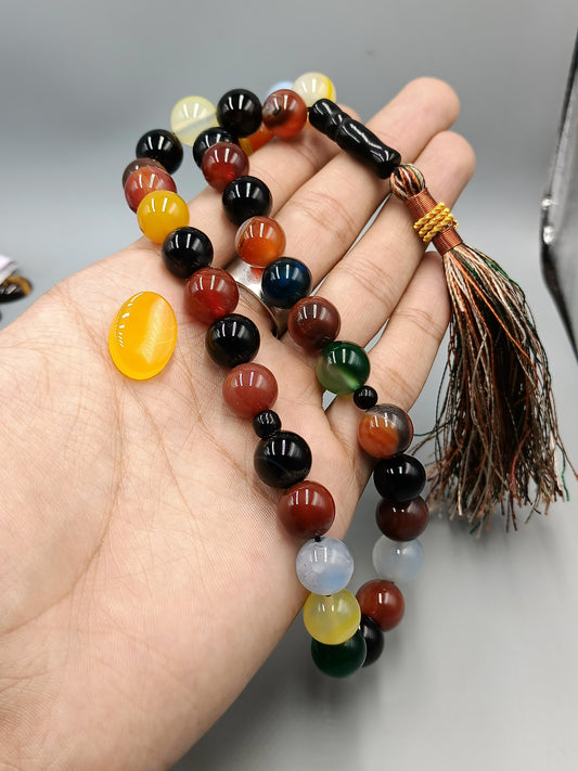 Beautiful Original Ummul Banin Multicolor Aqeeq Tasbih 33 Beads 12mm size with Irani Yellow (Zard) Aqeeq Stone