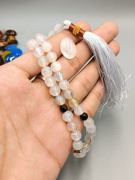 Beautiful Original White Aqeeq Tasbih 33 Beads 8mm size with Dura e Najaf Stone